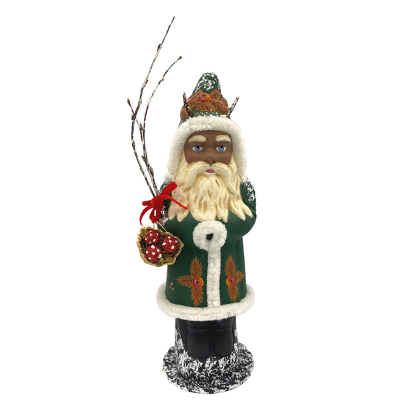 Krampus Candy Container with Mushroom Basket, green with ivory chenille trim by Ino Schaller