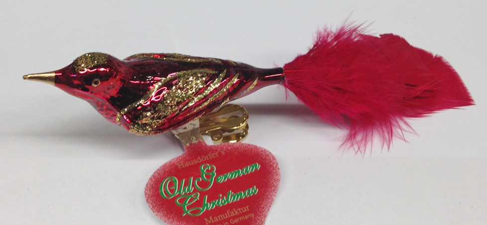 Bird, Red Shiny with Gold Glitter Ornament by Old German Christmas