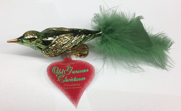 Bird, Green Shiny with Gold Glitter Ornament by Old German Christmas
