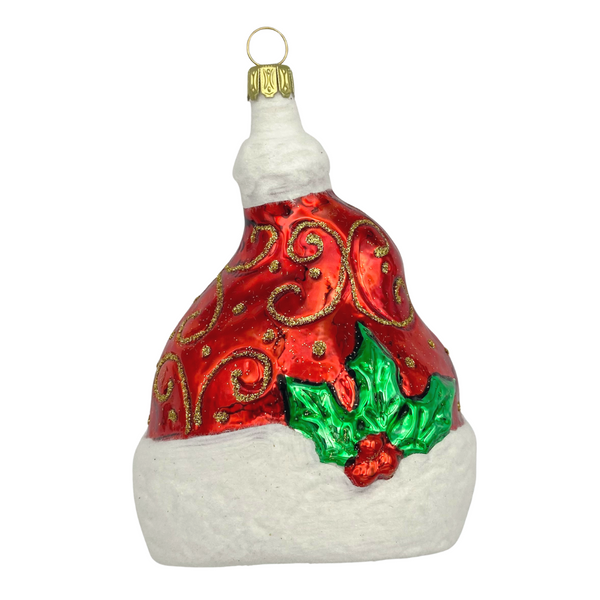 Santa Cap with Gold Swirl and Holly, Ornament by Old German Christmas