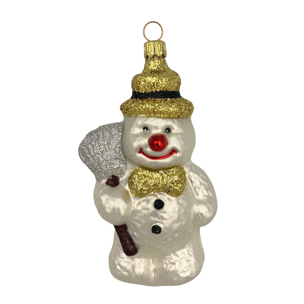 Snowman with Broom and Gold Glitter Bowtie by Old German Christmas