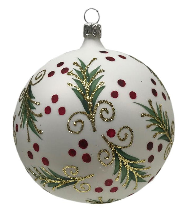 10cm ball, White with Mistletoe Ornament by Old German Christmas