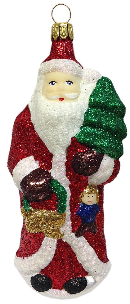 Santa with Tree & Doll, Heavily Glittered Ornament by Hausdorfer Glas Manufacture
