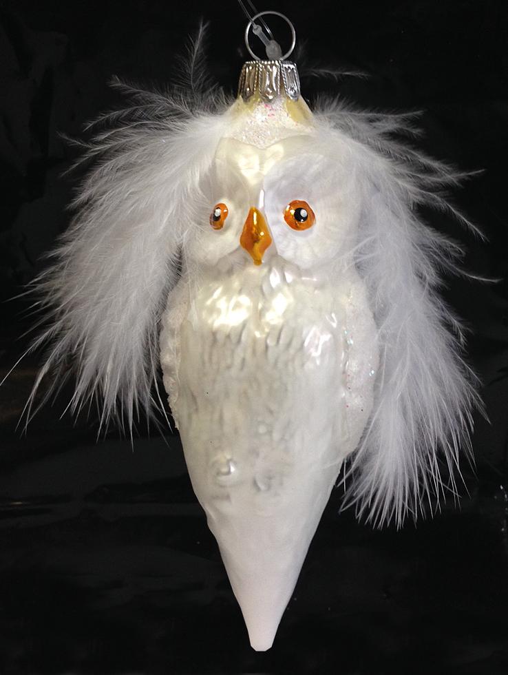 White Owl with Feather Ornament by Old German Christmas