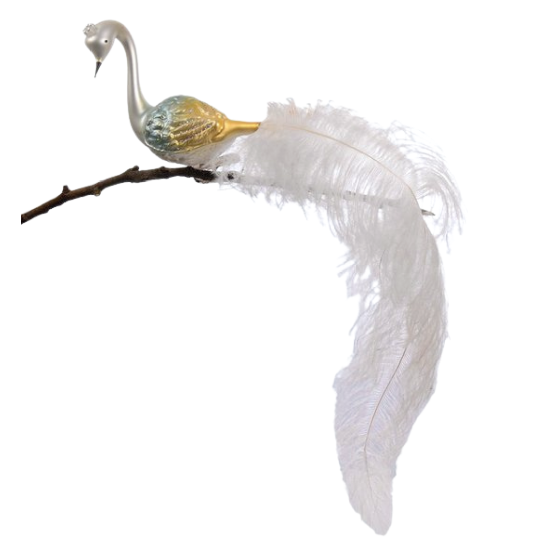 Large Swan with White Plume, White, Blue and Gold with Crown Ornament by Bartholmes