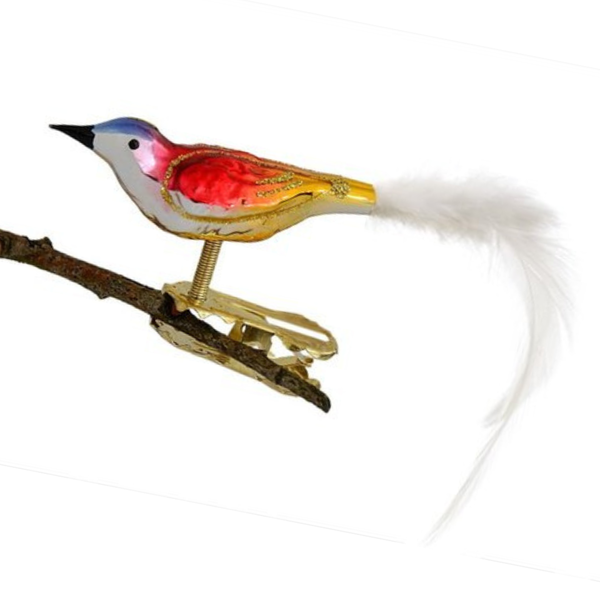 Mini Bird with feather tail, gold, red and blue by Glas Bartholmes