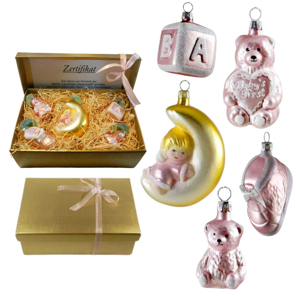 Pink Baby's First, Set of Five Ornaments by Glas Bartholmes