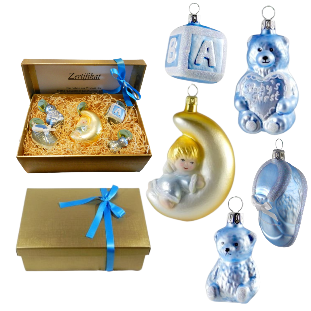 Baby's First Set of Five Ornaments, blue by Glas Bartholmes