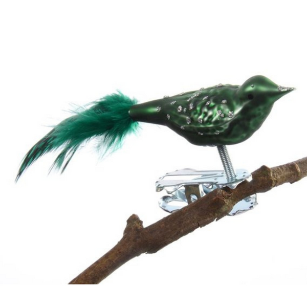 Mini Bird, green with green feather tail by Glas Bartholmes