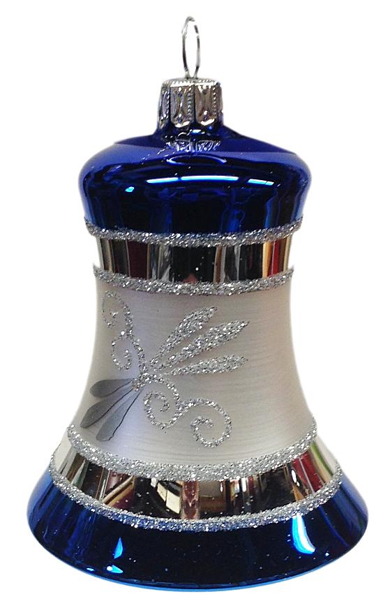 Capped Bell Ornament, blue with silver by Glas Bartholmes