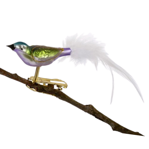 Mini Bird with feather tail, lilac, turquoise and green by Glas Bartholmes