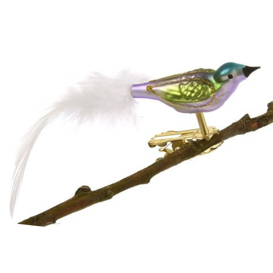Mini Bird with feather tail, lilac, turquoise and green by Glas Bartholmes