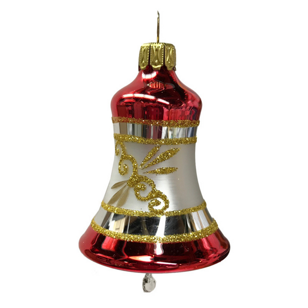 Capped Bell Ornament, small, red with gold by Glas Bartholmes