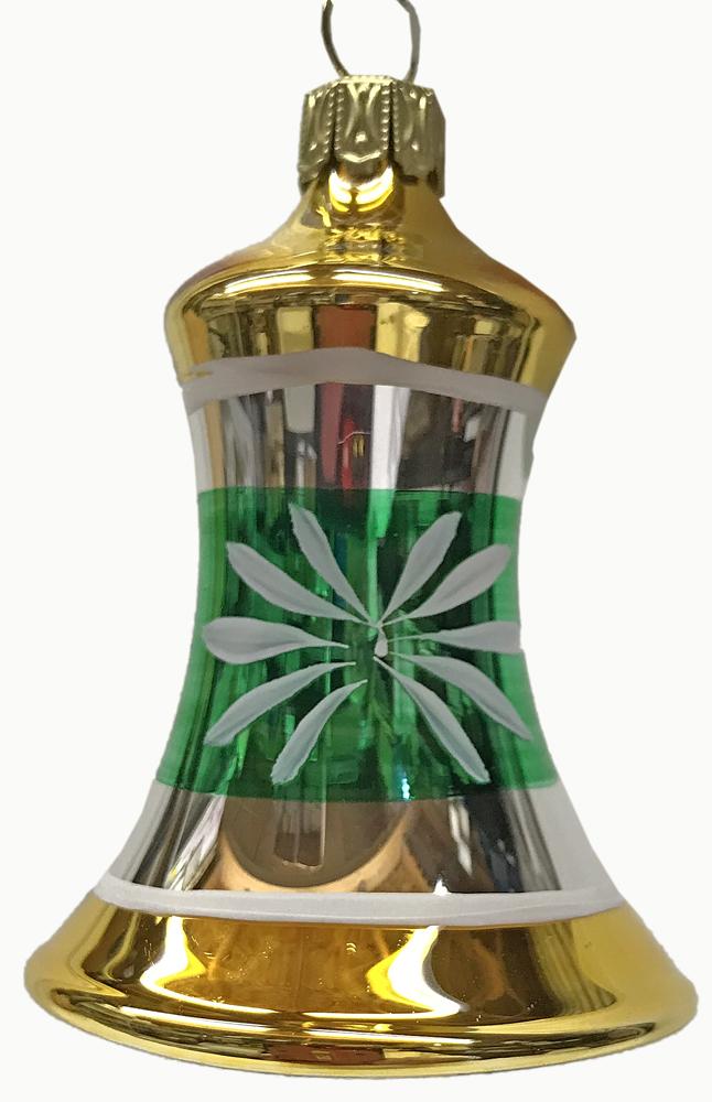 Bell, 5cm, green and gold with white flower by Glas Bartholmes