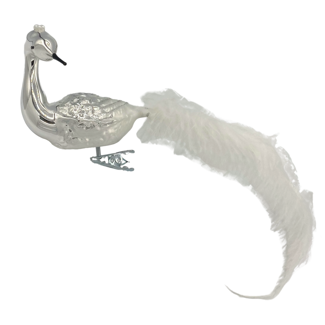 Silver Swan, Turned Head, Plume Ornament by Glas Bartholmes