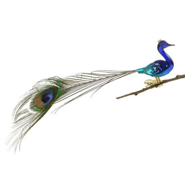 Peacock with Crown and Real Feather Ornament by Glas Bartholmes