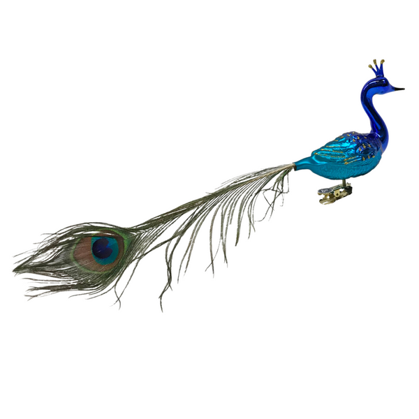 Large Blue Peacock with Flair Crown Ornament by Glas Bartholmes
