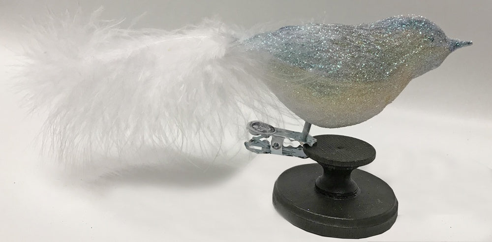 Large Glittered Bird with Natural White Feather Tail Ornament by Glas Bartholmes