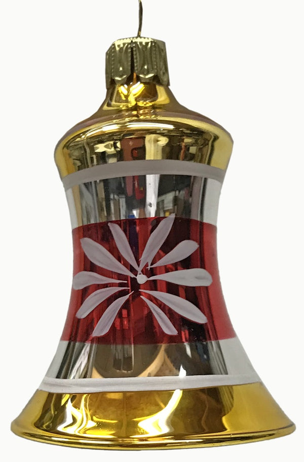 Bell, 5cm, red and gold with white flower by Glas Bartholmes