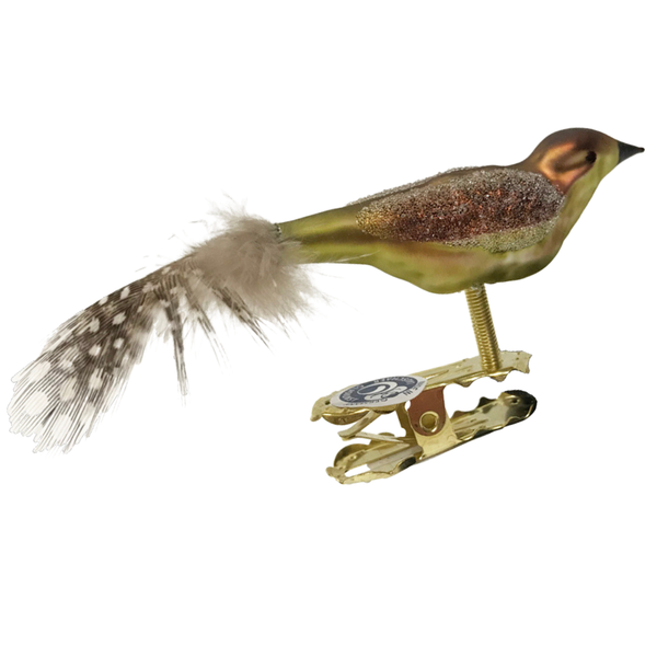 Mini Bird with guinea fowl feather, green and brown by Glas Bartholmes