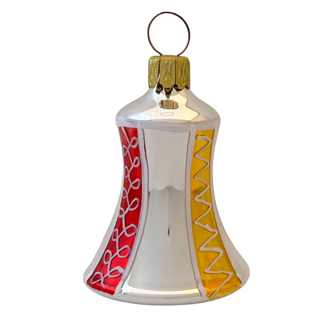 4 cm bell, stripe, swirl, red and gold by Glas Bartholmes