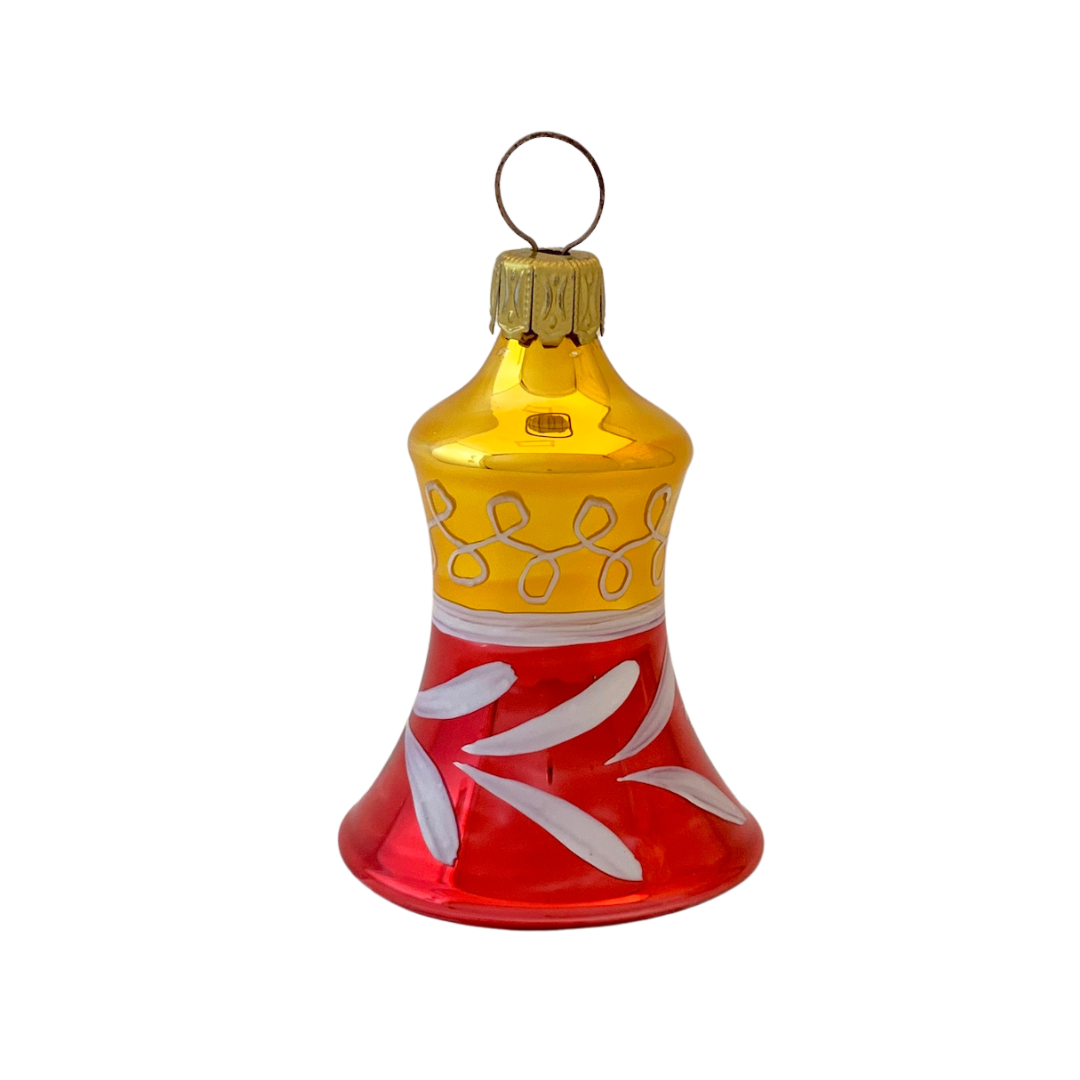 4 cm bell, leaf and ring, red and gold by Glas Bartholmes
