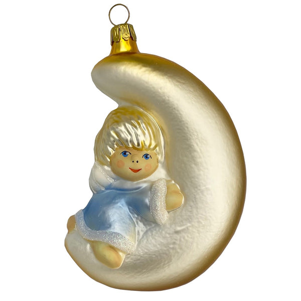 Baby on Moon Ornament, blue by Glas Bartholmes