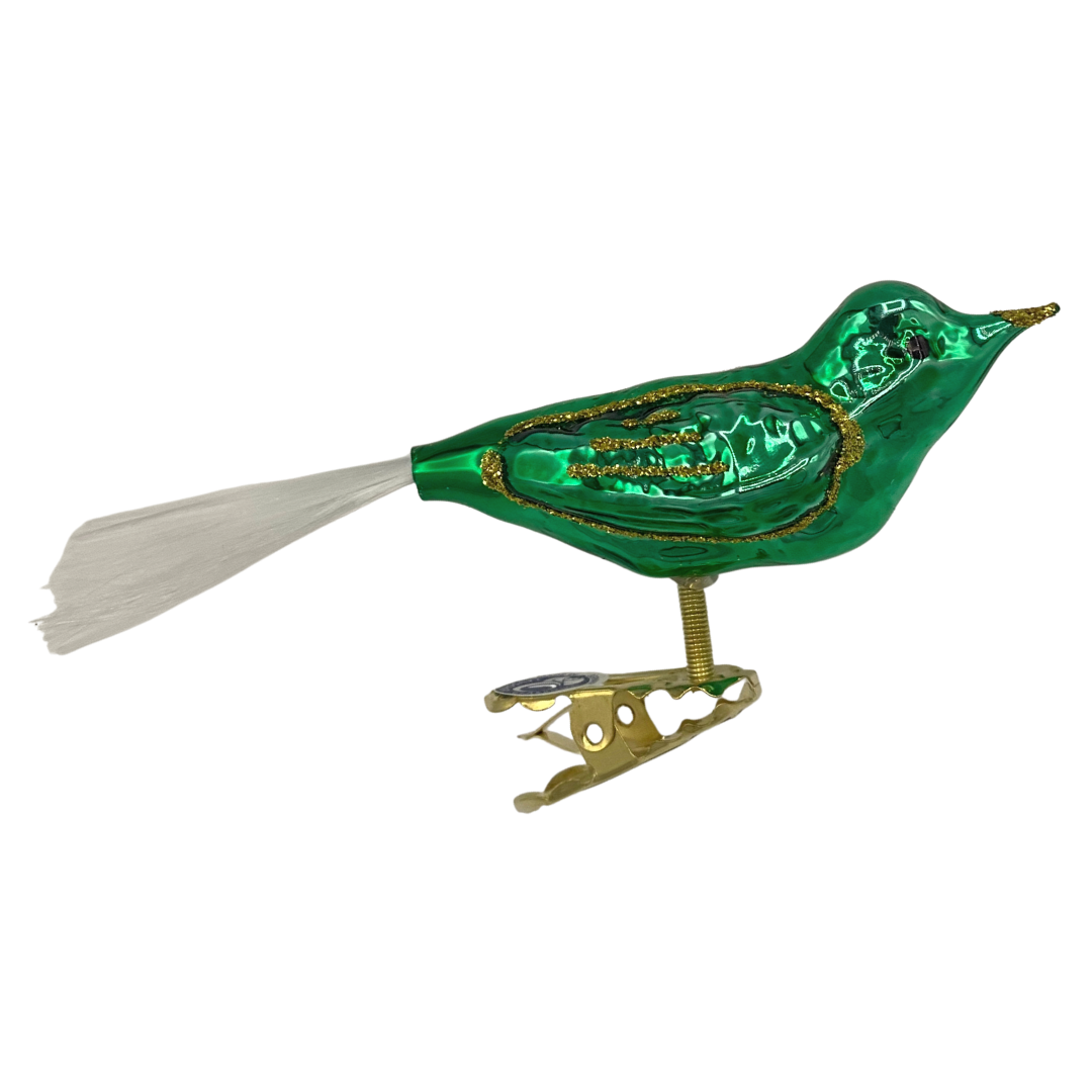 Green Bird with Gold Stripes, Spun Glass Tail Ornament by Glas Bartholmes