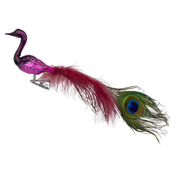 Fuchsia Ombre Peacock with Real Feather Ornament by Glas Bartholmes