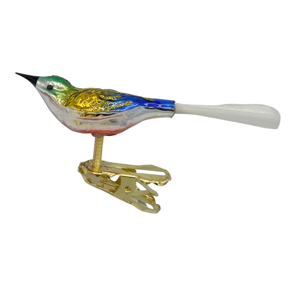 Mini Bird with spun glass tail, blue, gold and green by Glas Bartholmes