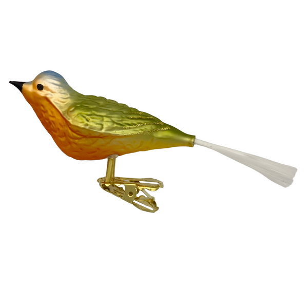 Bird with spun glass tail, light blue, green with copper belly by Glas Bartholmes