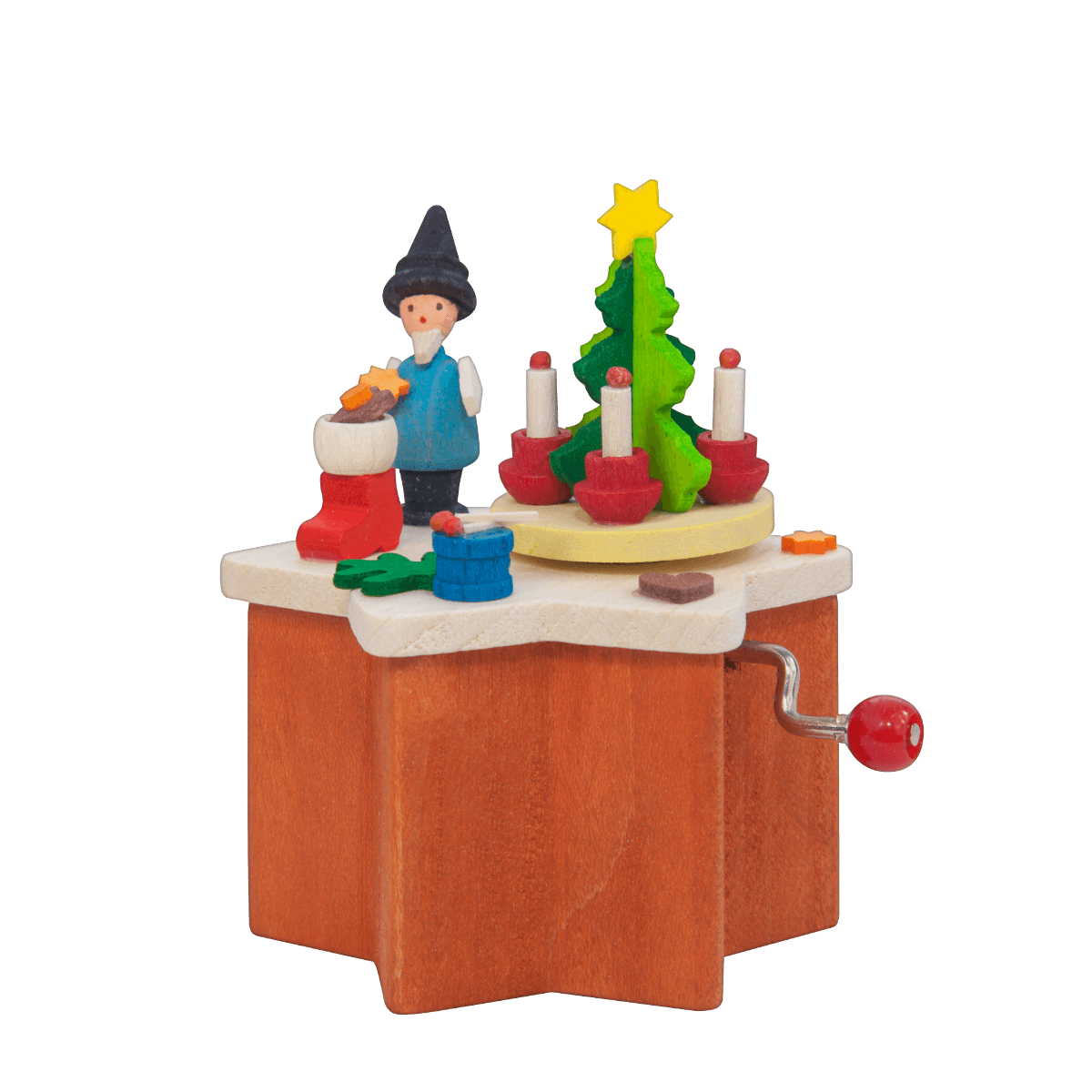 Dwarf with Advent Wreath, Crank Music Box by Graupner Holzminiaturen