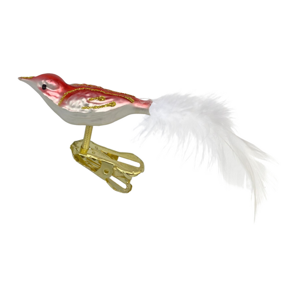 Mini Bird with feather tail, red backed by Glas Bartholmes