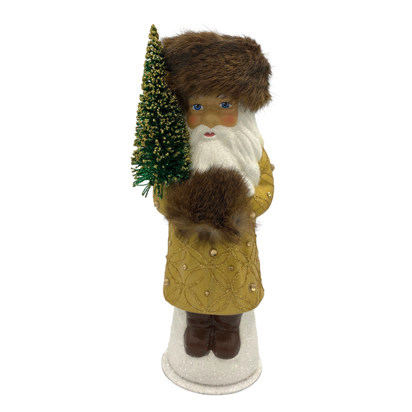 Santa in Russian Hat, Paper Mache Candy Container, gold with gems, brown fur hat and muff, by Ino Schaller