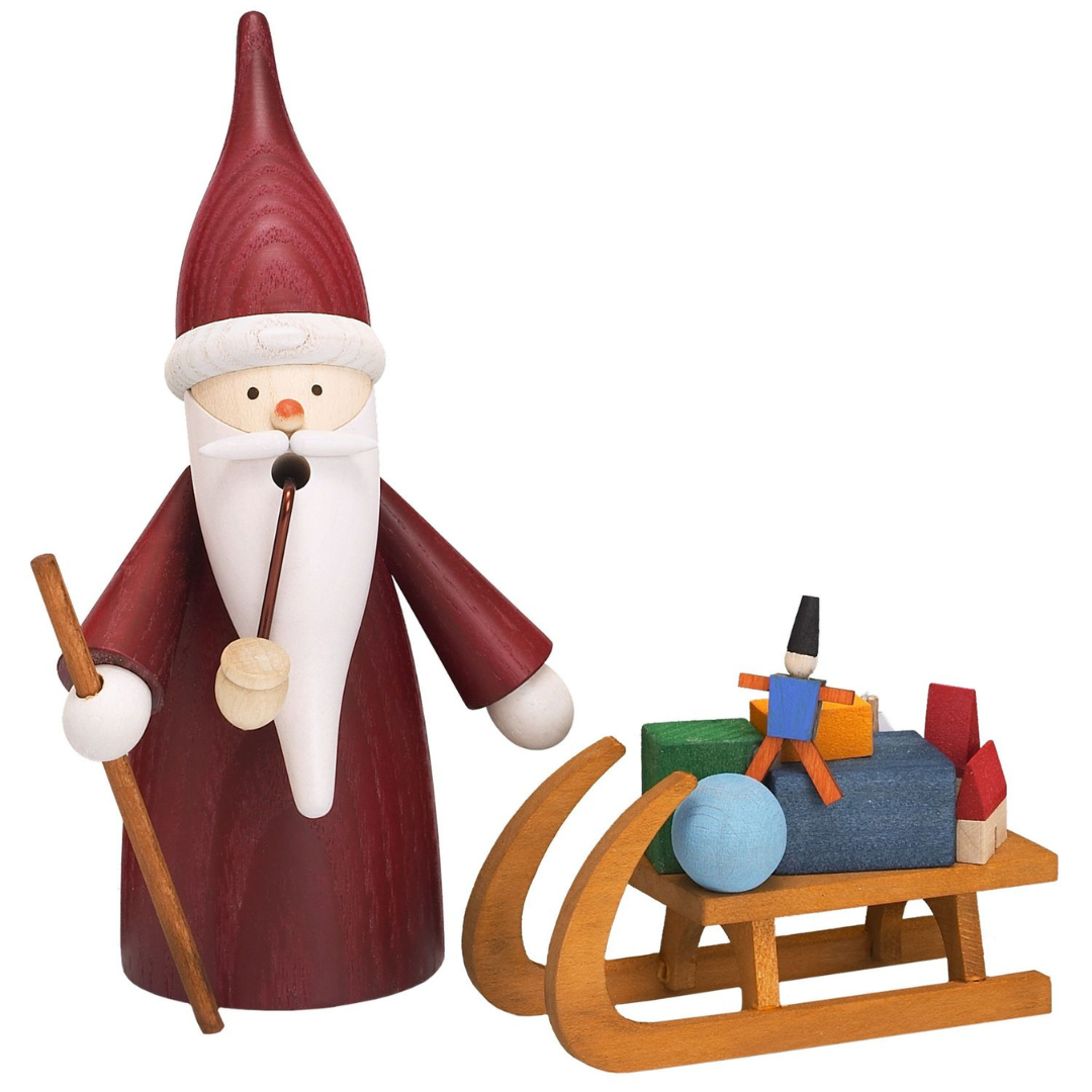 Santa Gnome with Sled, Incense Smoker Seiffener Volkskunst
