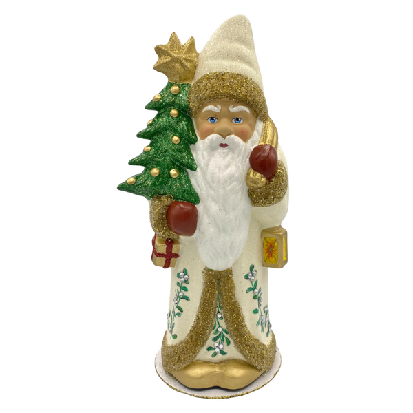 Santa Candy Container, Cream Coat with Greens and Molded Tree by Ino Schaller