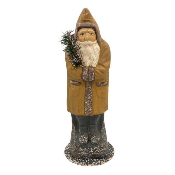 Santa Candy Container, Mustard Brown Coat with Feather Tree by Ino Schaller