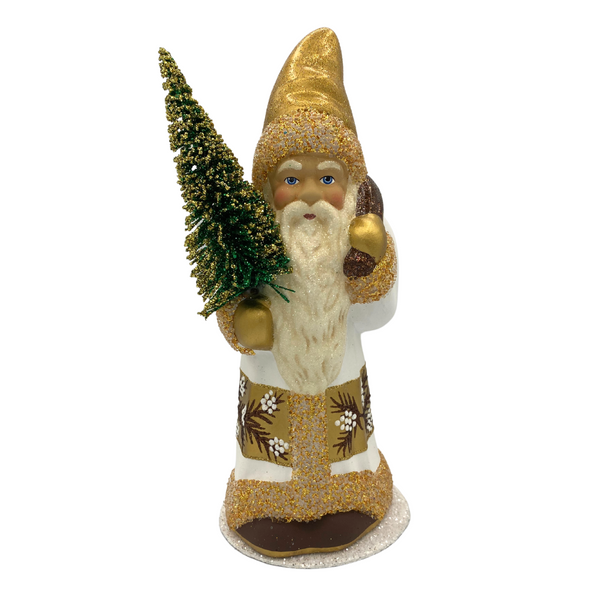Santa Candy Container, White Coat with Gold Pinecone Banner by Ino Schaller