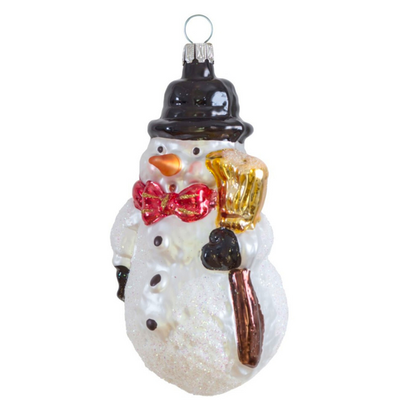 Snowman with Hat and Broom Ornament by Glas Bartholmes