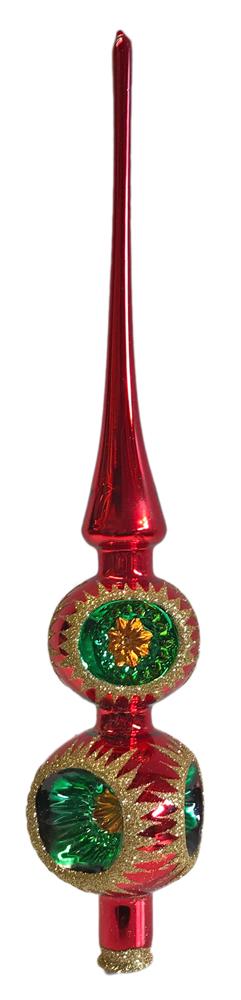 6 Reflector Red Tree Topper with Gold & Green Glitter by Hausdorfer Glas Manufaktur