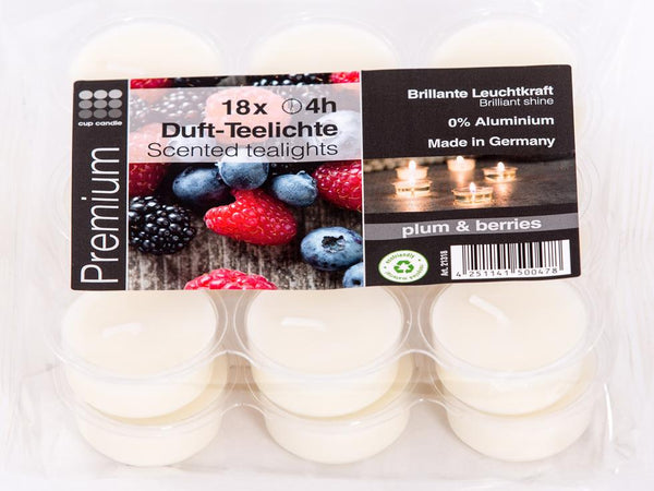 Plum & Berries Tealight Candles, Pkg of 18 by Cup Candle GmbH in Greven, Germany