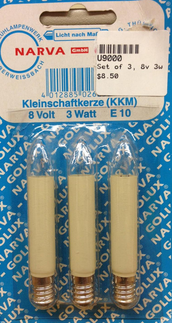 8v 3w Candle Shaped Bulbs, Package of 3