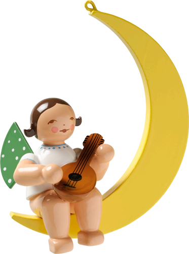 Angel with Mandolin on Moon, Hanging Wooden Ornament by Wendt and Kuhn