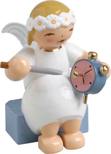 Marguerite Sitting Angel with Alarm Clock Wooden Figurine by Wendt und Kuhn