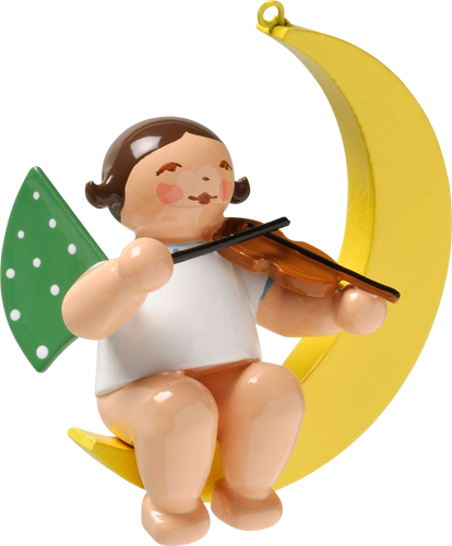 Angel with Violin on Moon Small Hanging Wooden Ornament by Wendt and Kuhn