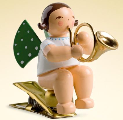 Angel with French Horn Clip On Wooden Ornament by Wendt and Kuhn