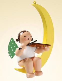 Angel with Violin on Moon Hanging Wooden Ornament by Wendt and Kuhn