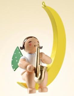 Angel with Saxophone on Moon Hanging Wooden Ornament by Wendt and Kuhn