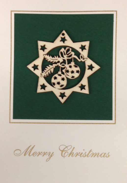 Merry Christmas Postcard with Wood Star and Kugel Ornament by Wandera GmbH