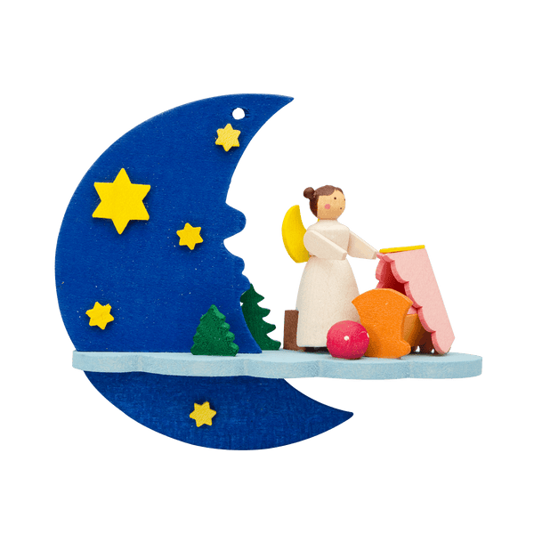 Angel on Moon with Cradle Ornament by Graupner Holzminiaturen
